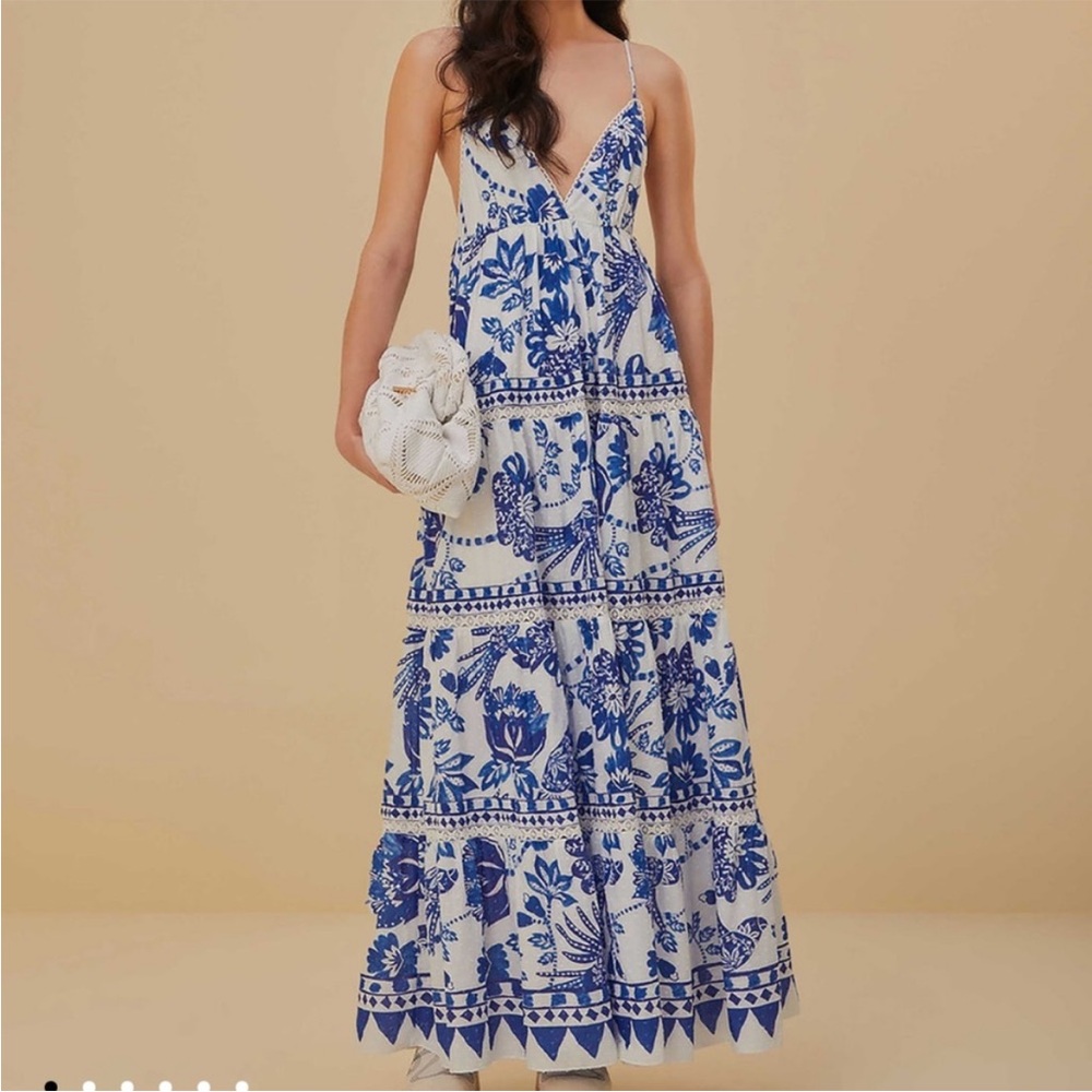 Farm Rio Flowerful Bird Blue Floral Maxi Dress